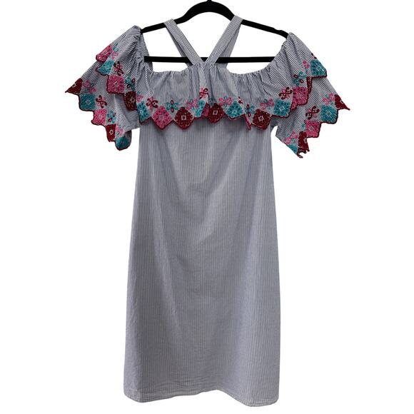 Loft ruffled embroidery off shoulder blue white stiped fiesta halter dress small - Picture 2 of 12